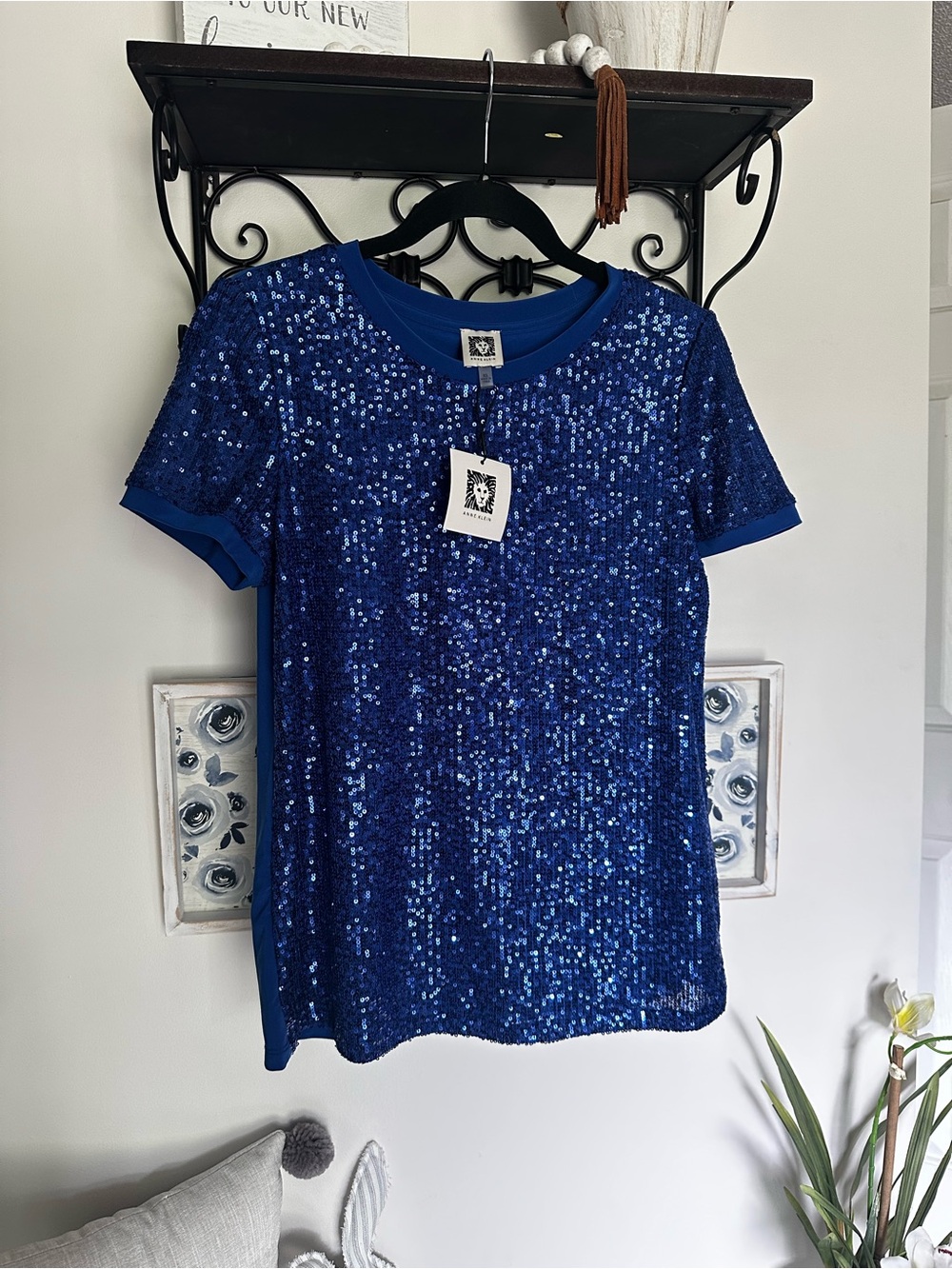Anne Klein Royal Blue Sequin Short-Sleeve Tee